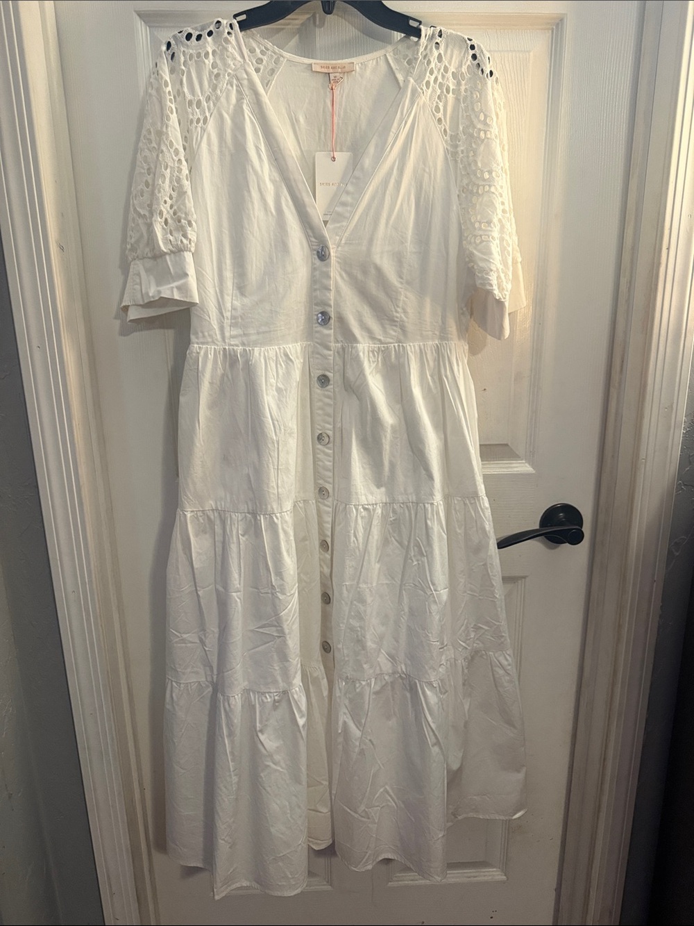 Skies Are Blue White Button-Front Eyelet Sleeve Maxi Dress